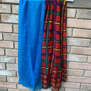 Two vintage oblong chiffon scarves solid peacock blue and primary colors plaid